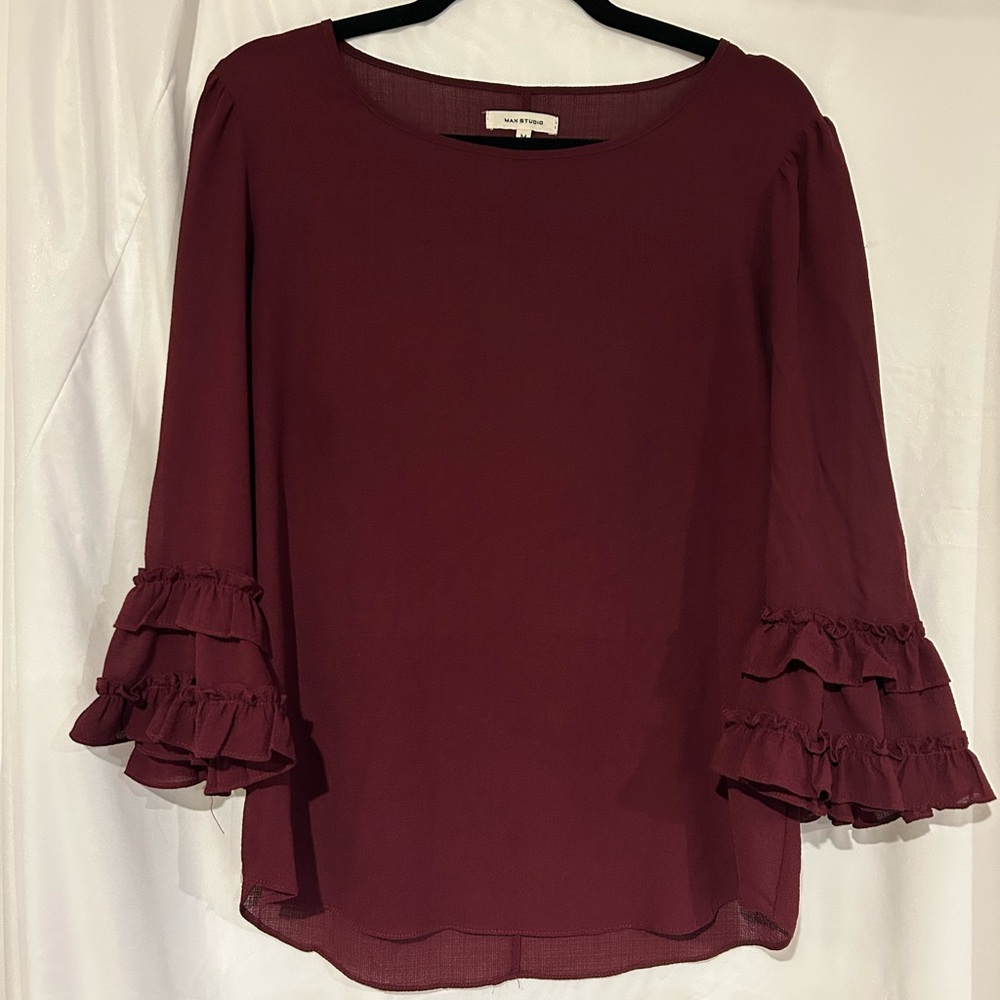 Max Studio Burgundy Ruffle Sleeve Blouse